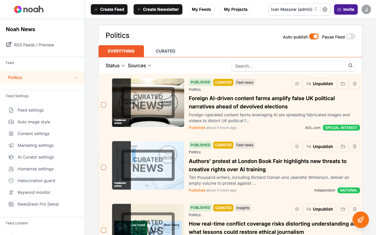 Feed article view showing article cards, tags, and action buttons