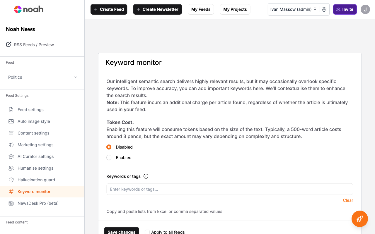 Keyword Monitor settings